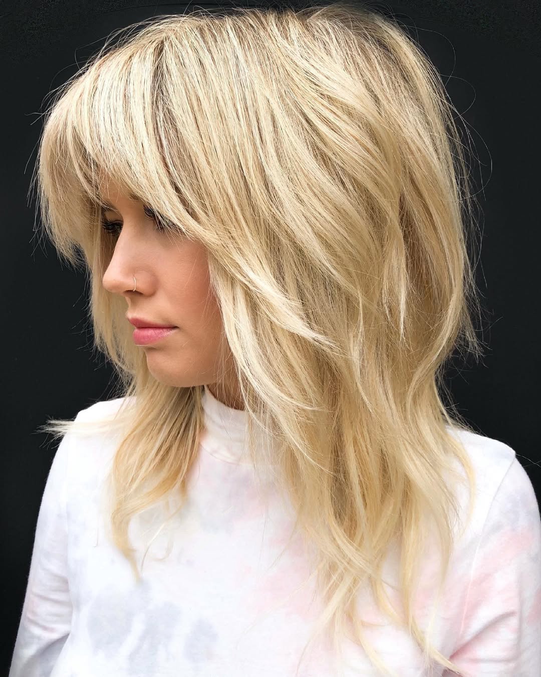 Choppy Golden Blonde Shag With Full Fringe