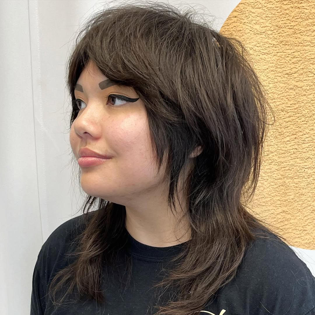 Choppy Layered Shag With Full Fringe Brunette