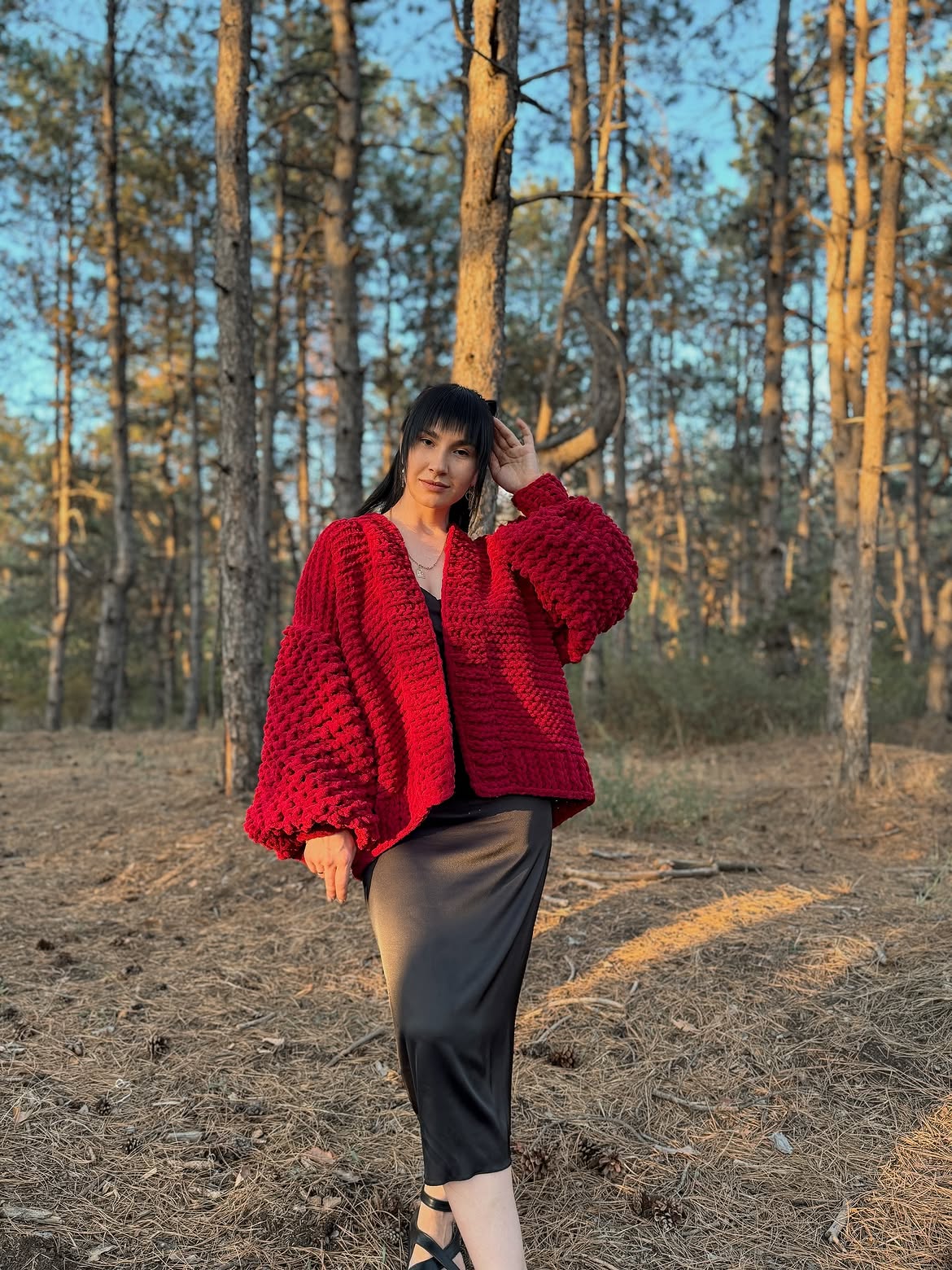 Chunky Knit Cardigan Over Silky Slip Dress