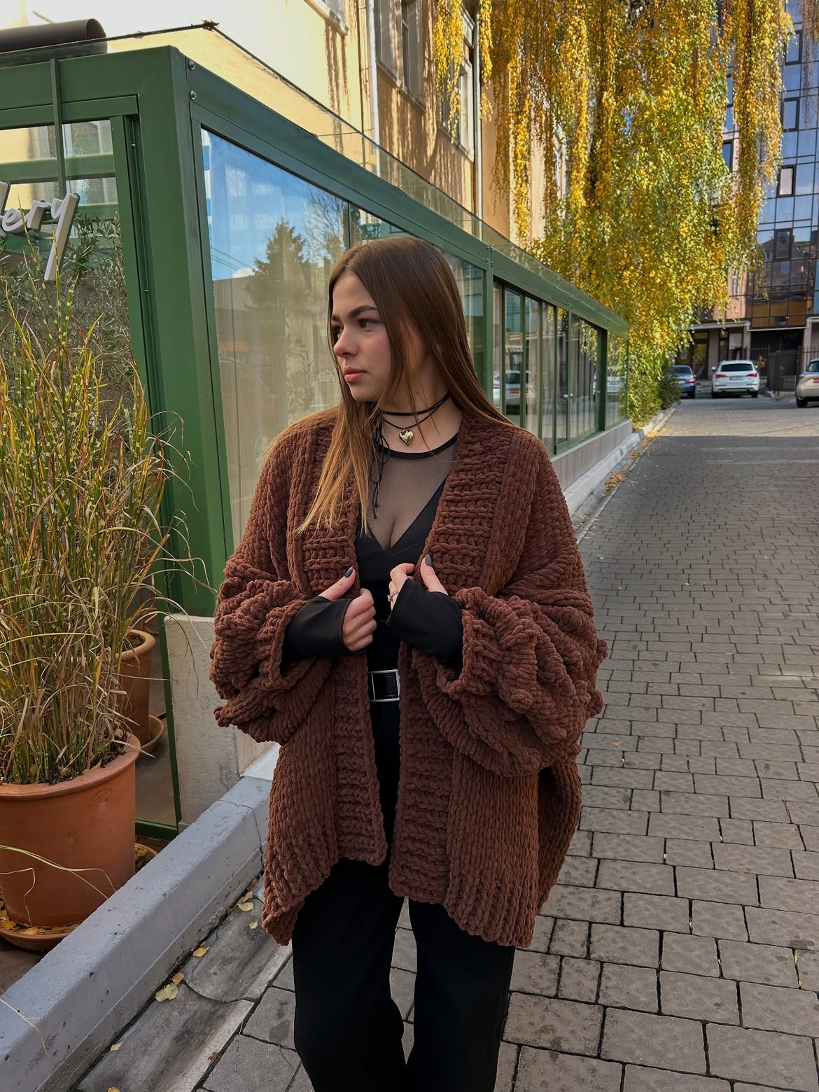 Chunky Knit Cardigan With Mesh Top And Black Trousers