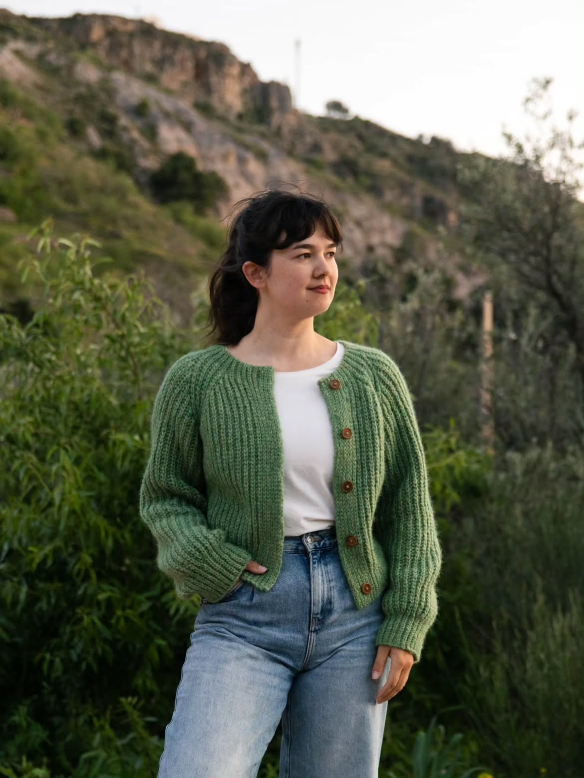 Chunky Knit Green Cardigan With High Waisted Denim