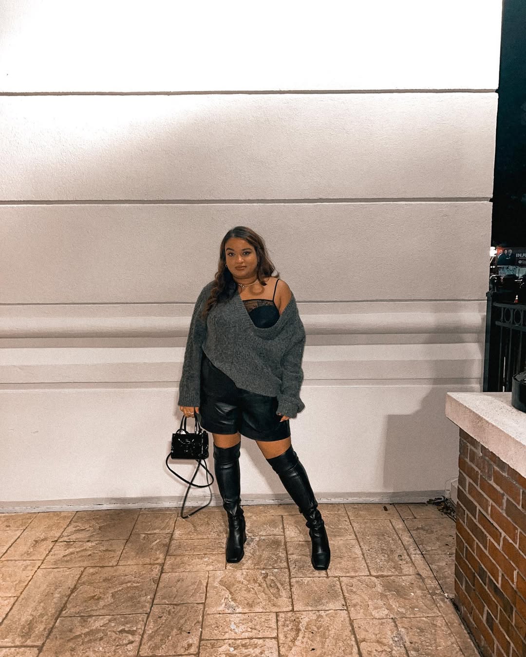 Chunky Knit Sweater With Leather Shorts & Boots