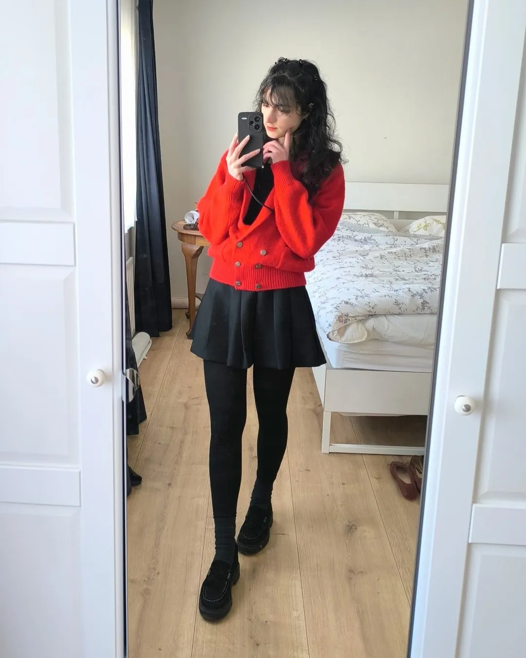 Chunky Red Cardigan With Pleated Mini Skirt