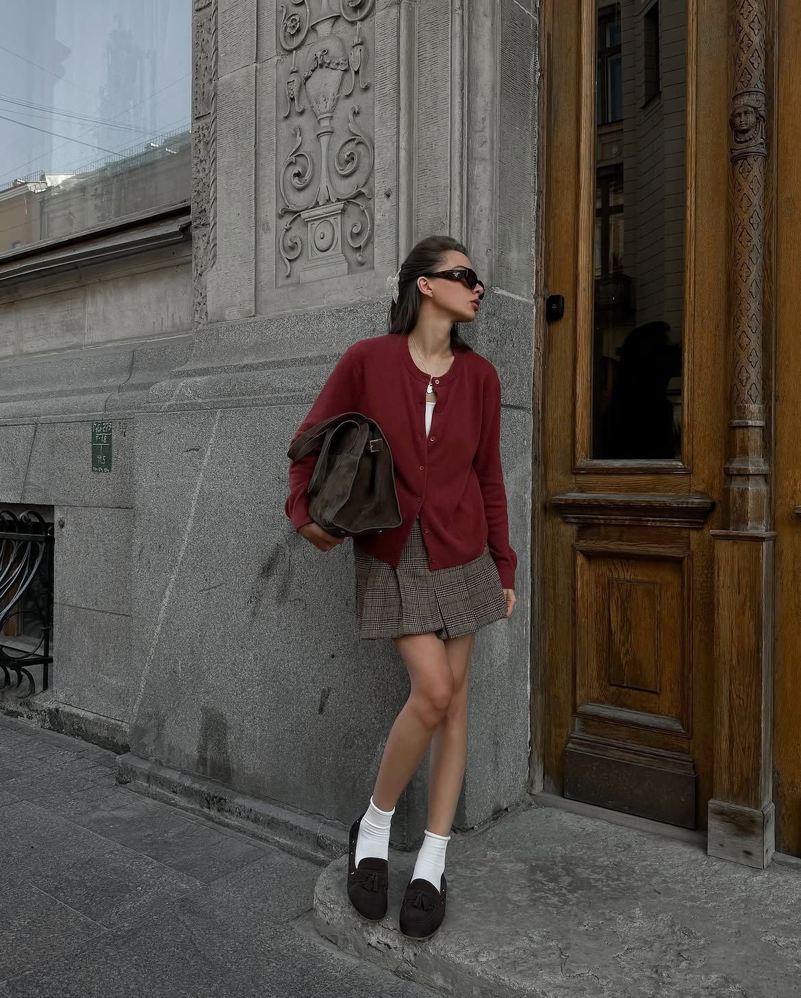 Claret Cardigan And Plaid Mini Skirt Ensemble