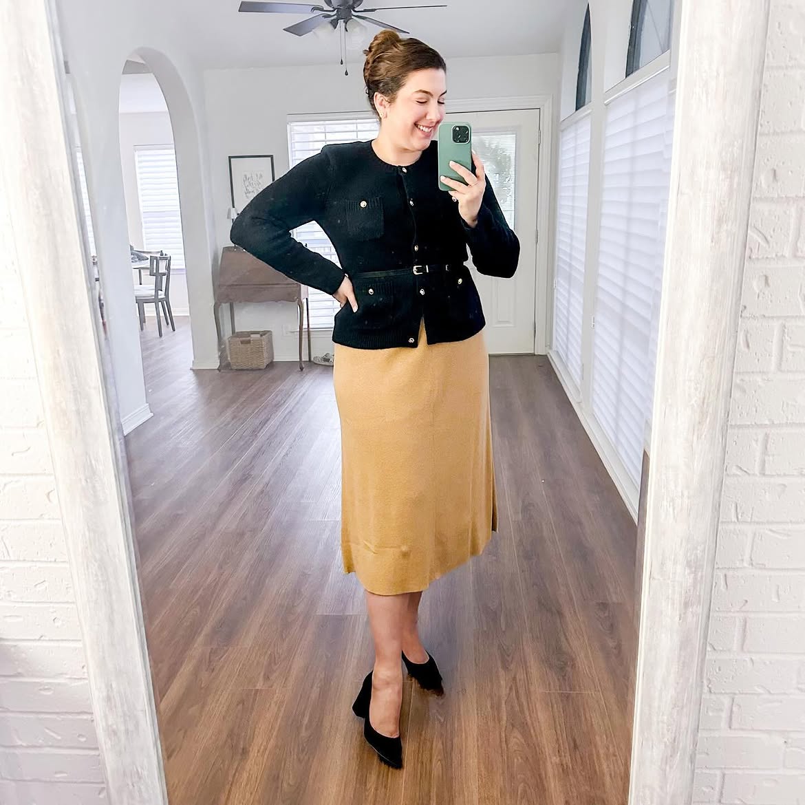 Classic Black Knit Jacket With Camel Midi Skirt