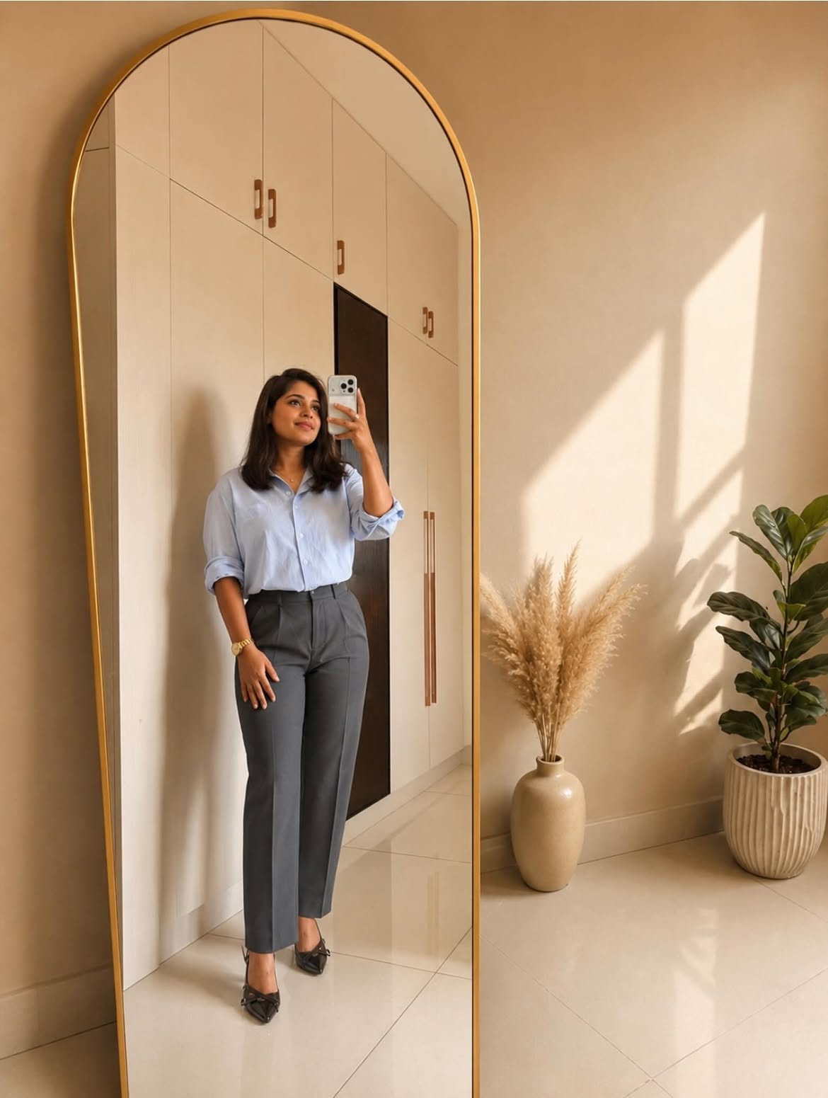 Classic Blue Shirt With Grey Tailored Trousers Office Look