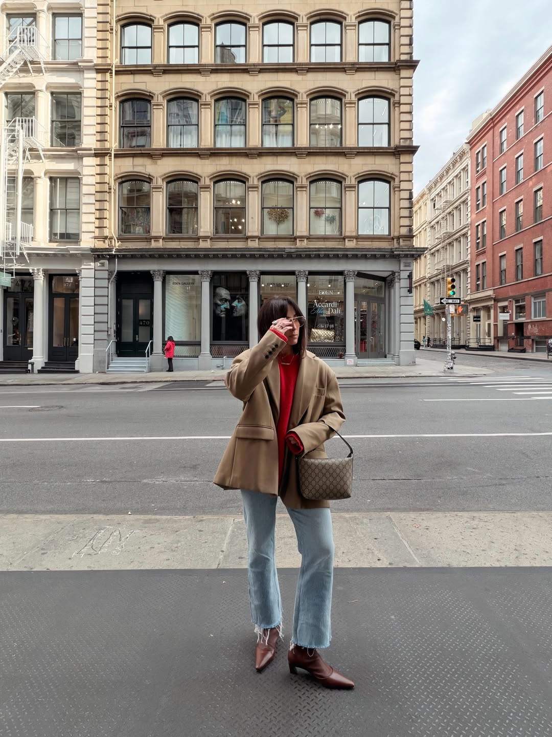 Classic Camel Blazer with Red Knit and Light Wash Jeans