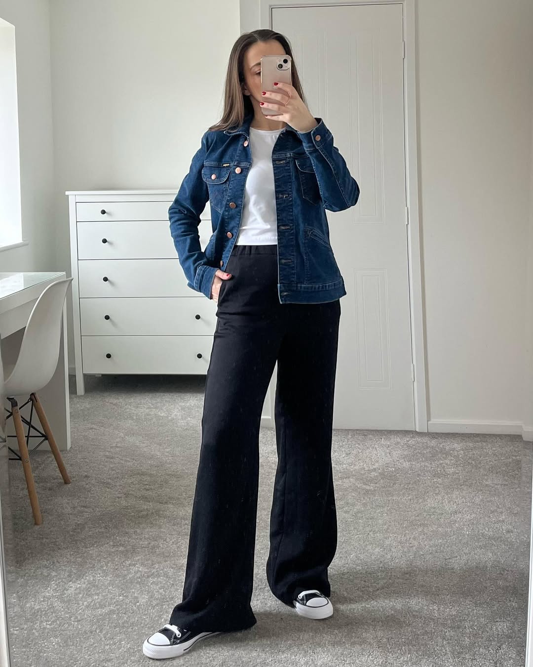Classic Denim Jacket With Black Wide Leg Pants