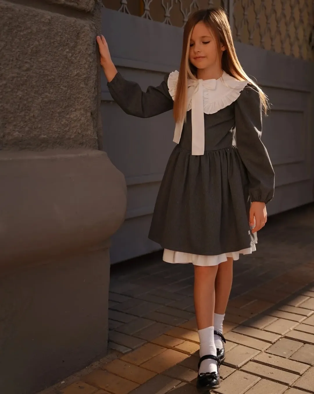 Classic Grey School Dress With White Peter Pan Collar