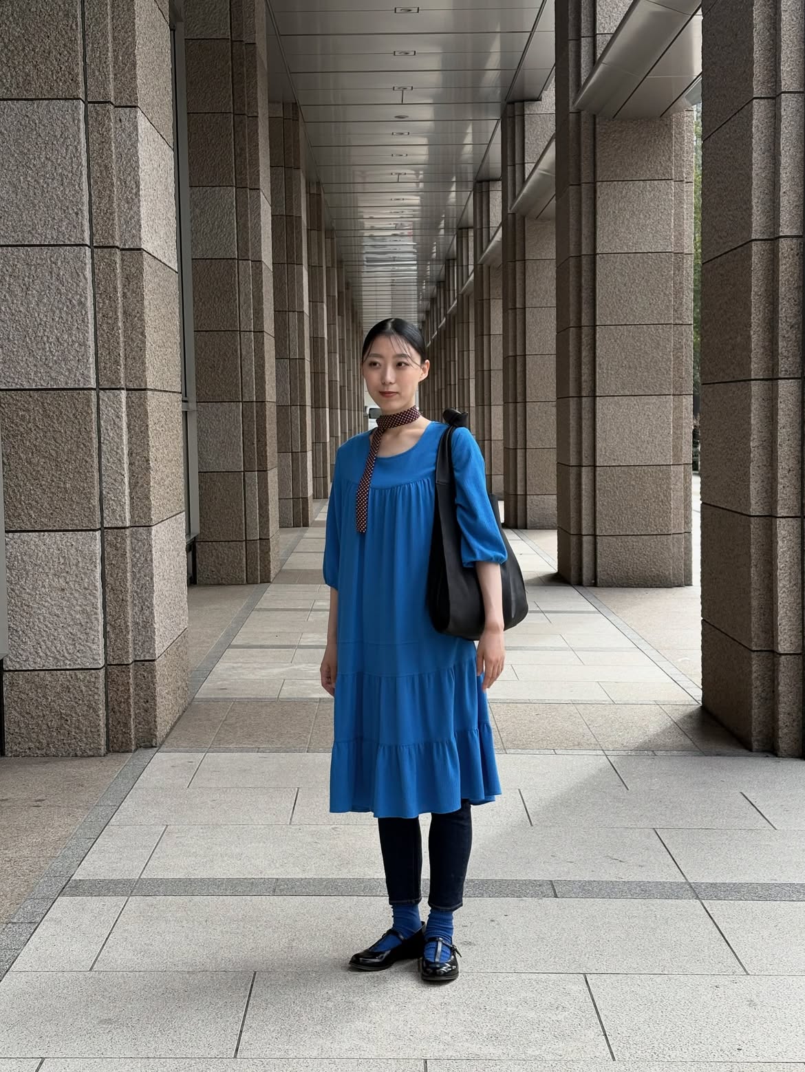 Cobalt Blue Tiered Midi Dress With Navy Leggings