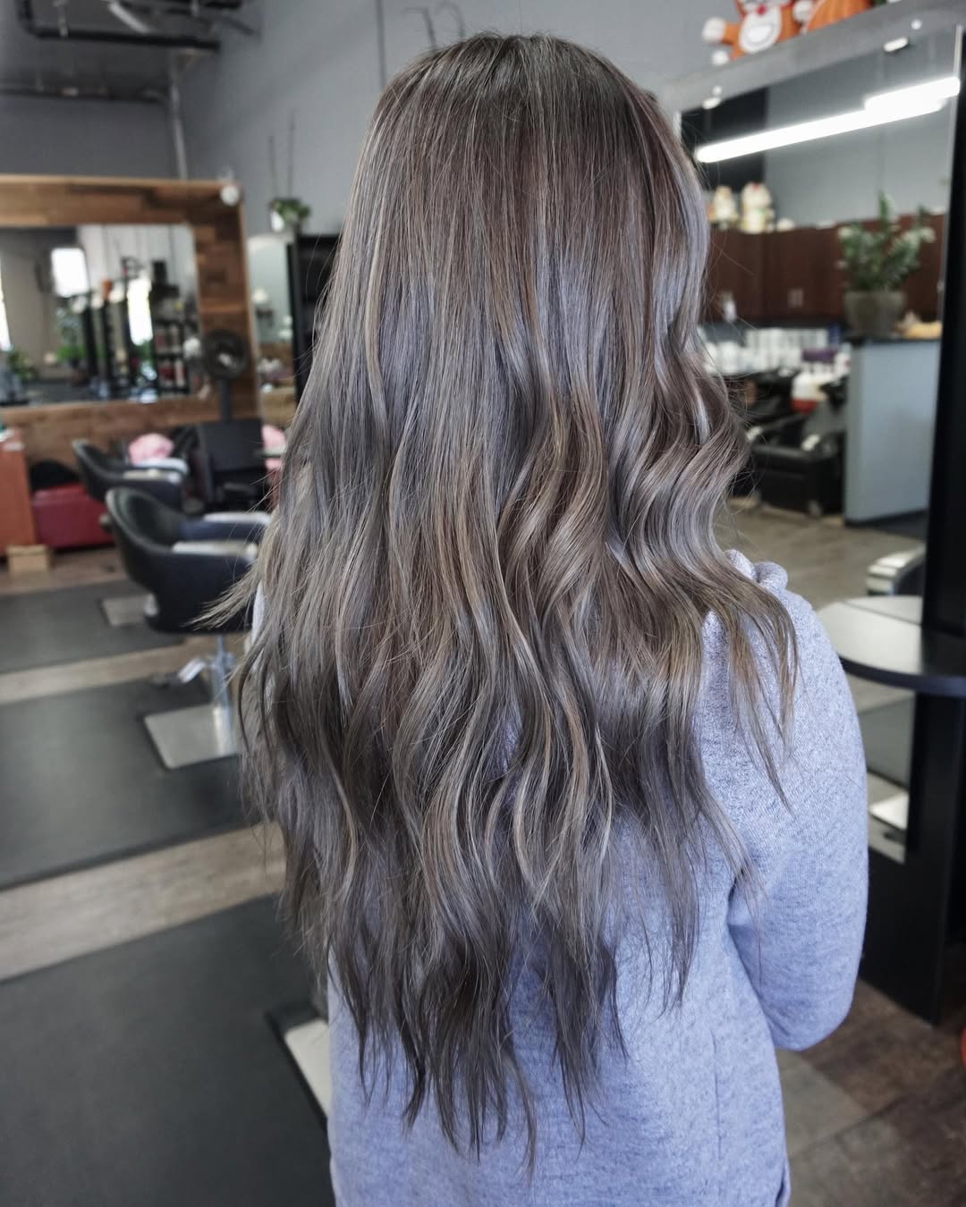 Cool Ash Brown Wavy Mid-Back Length Hair
