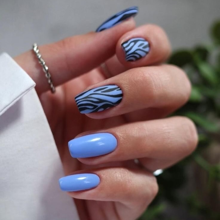 Cool Blue Zebra Print Short Square Nails