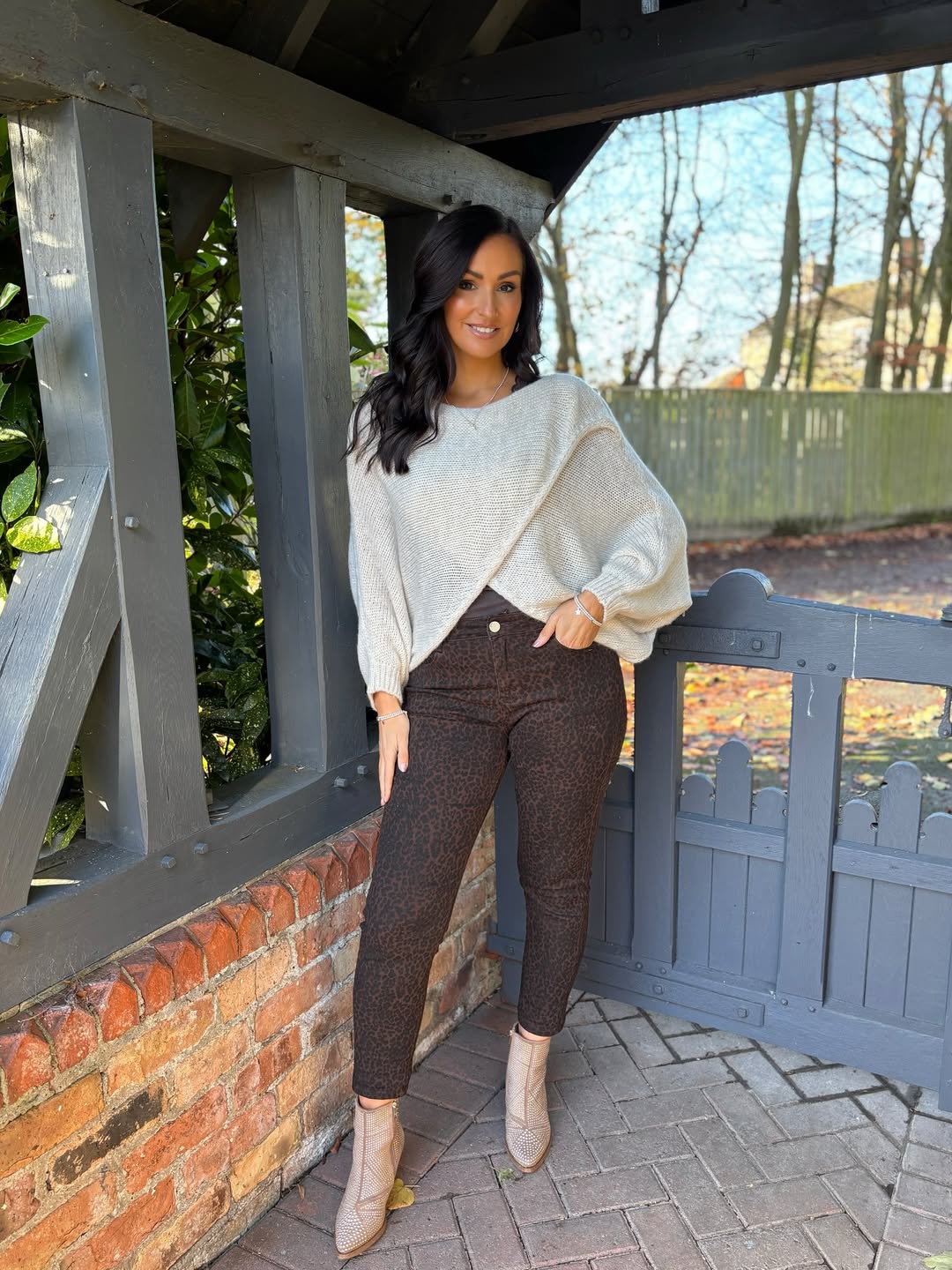 Cozy Beige Sweater With Leopard Print Pants For Fall