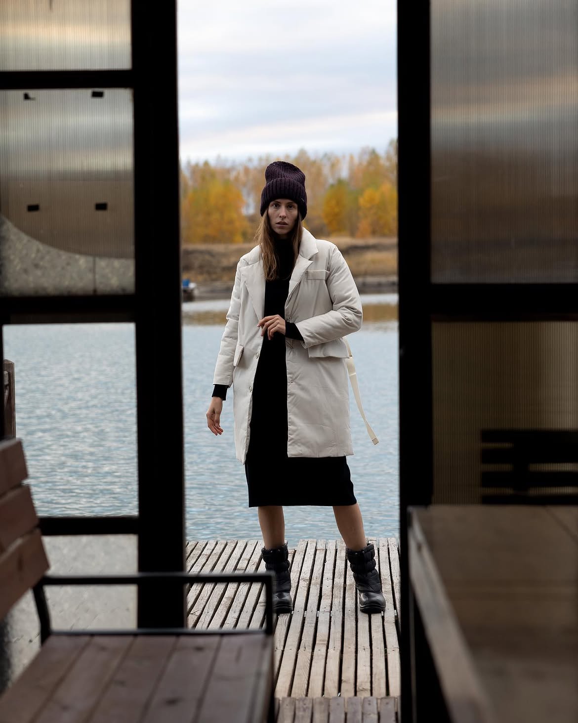 Cozy Black Dress With Cream Puffer Coat