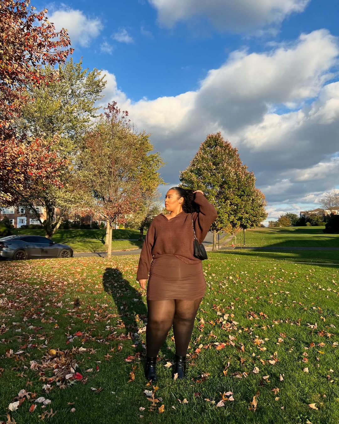Cozy Brown Knit Set With Sheer Tights