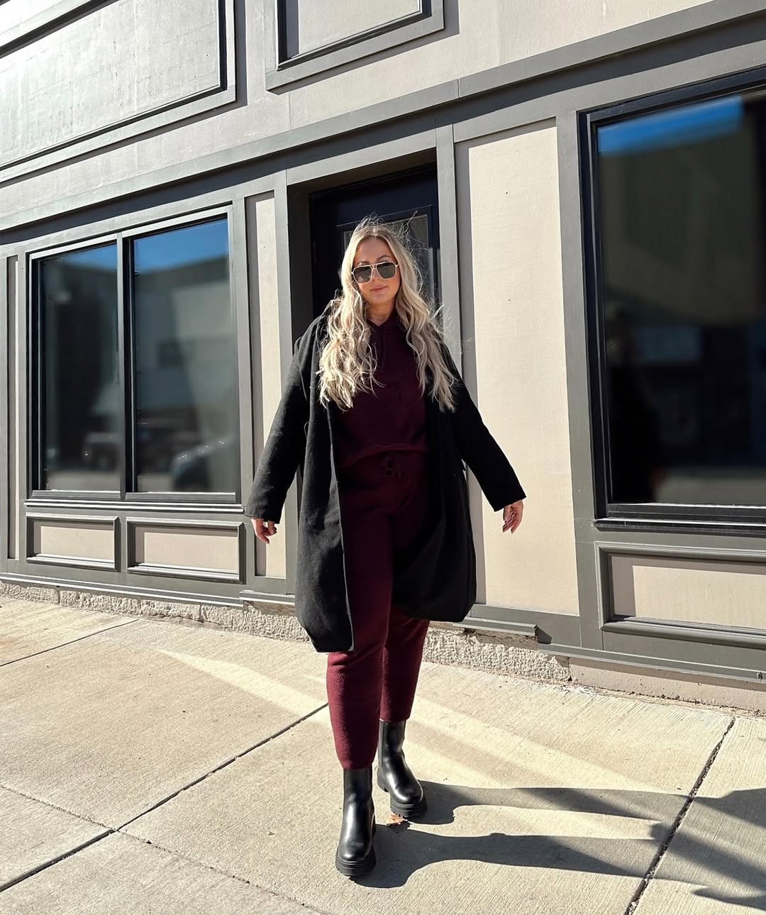 Cozy Burgundy Jogger Set With Black Coat