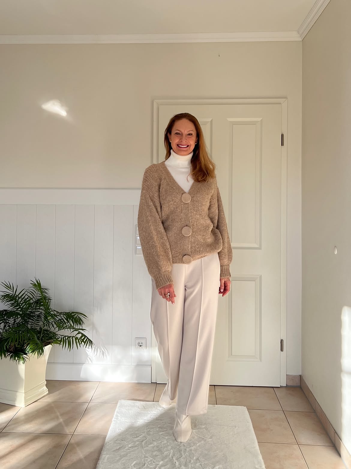 Cozy Camel Cardigan With Cream Wide-Leg Trousers