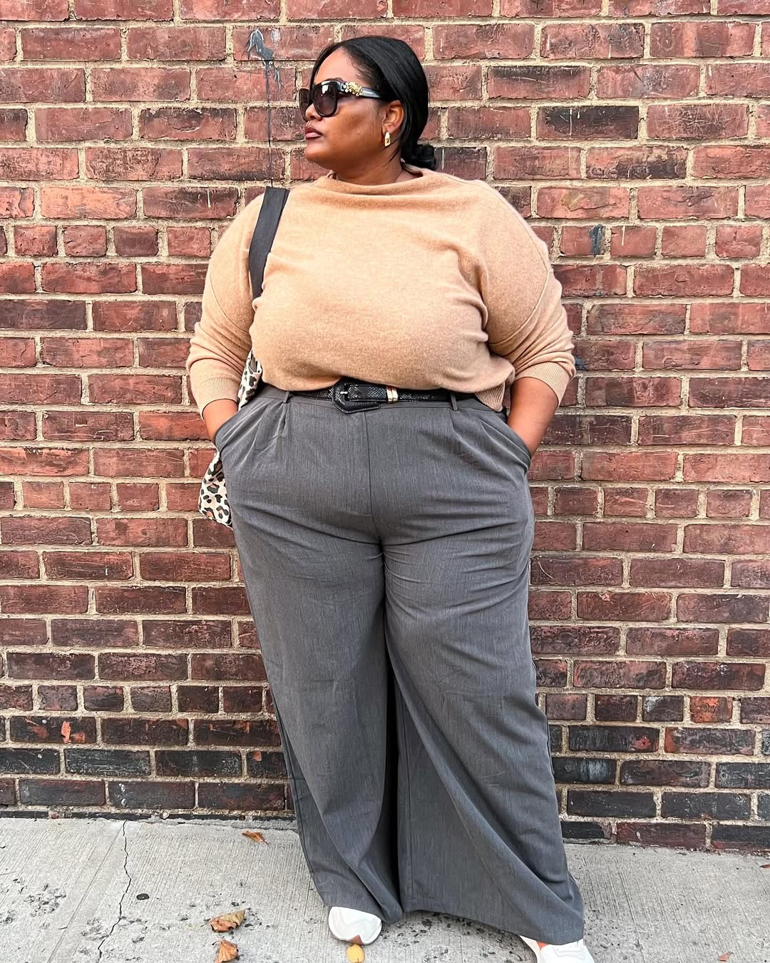 Cozy Camel Sweater And Wide Leg Grey Pants Outfit