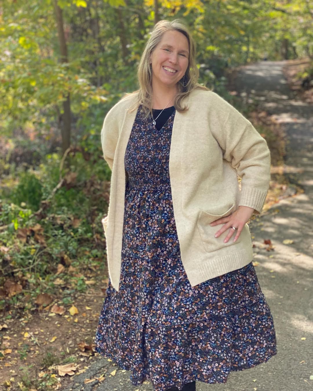 Cozy Floral Midi Dress With Oversized Cardigan