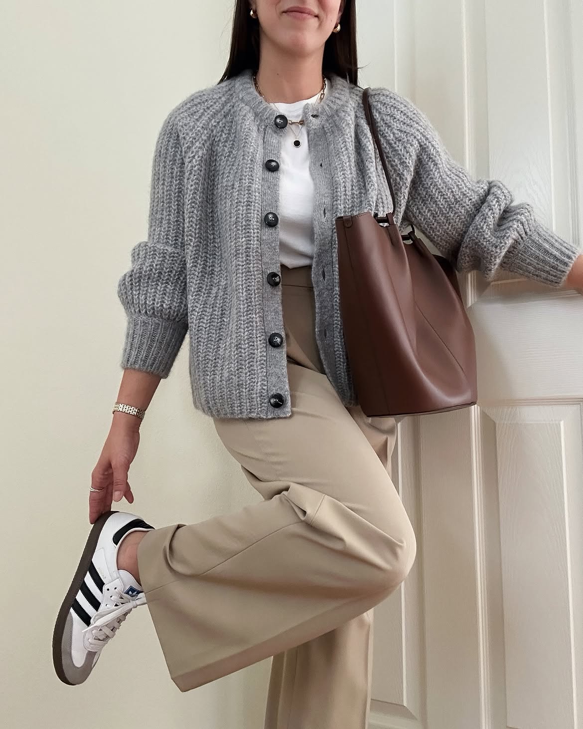 Cozy Grey Cardigan With Wide Leg Khakis