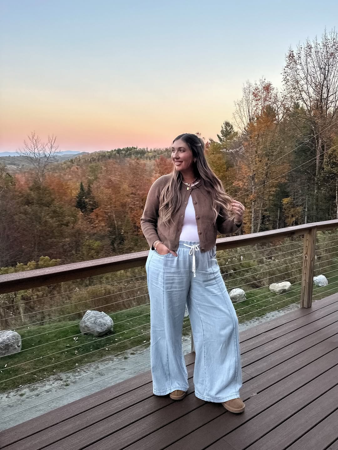 Cozy Knit Cardigan With Light Wash Wide Leg Jeans