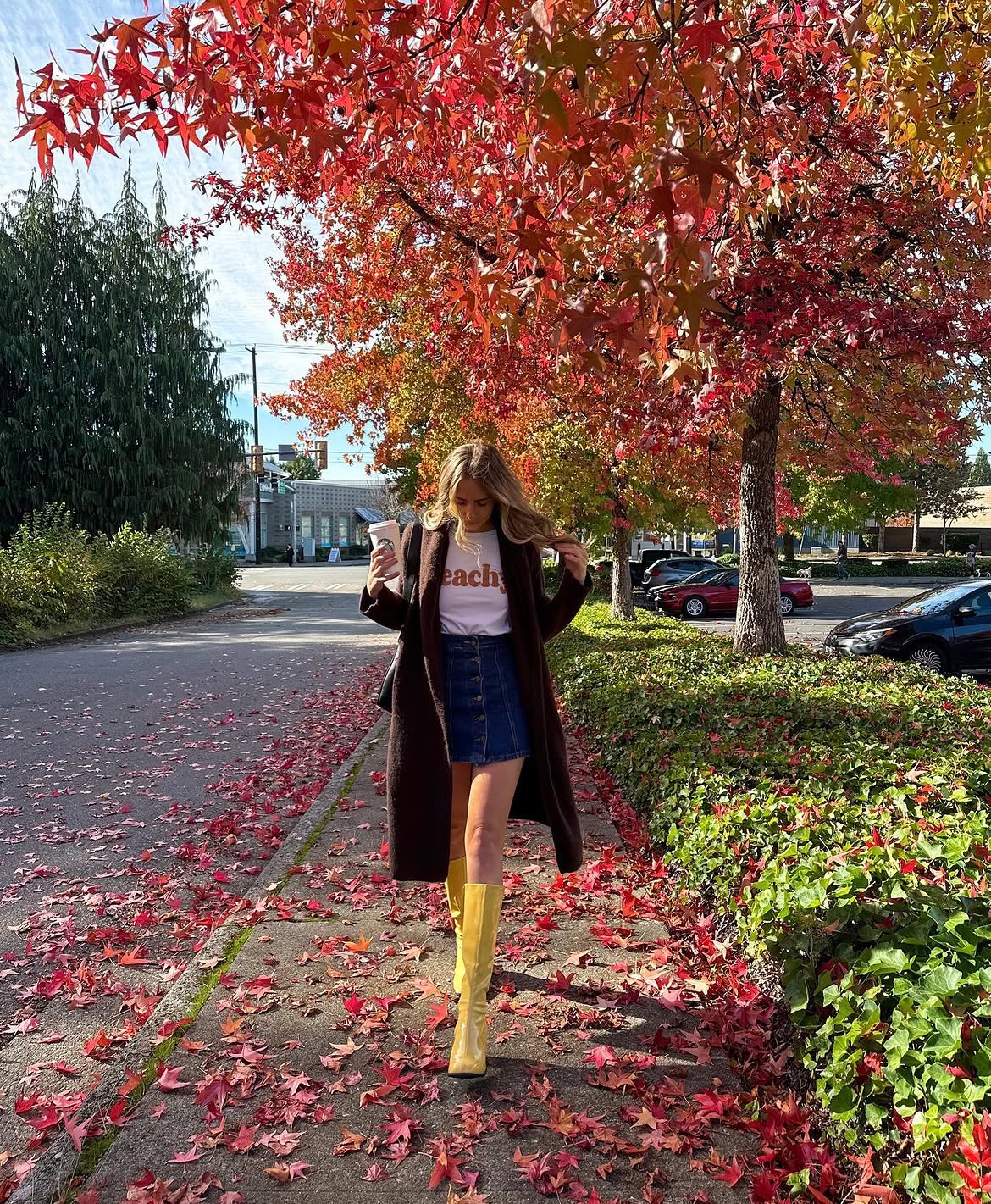 Cozy Knit Duster With Denim Mini and Bright Boots