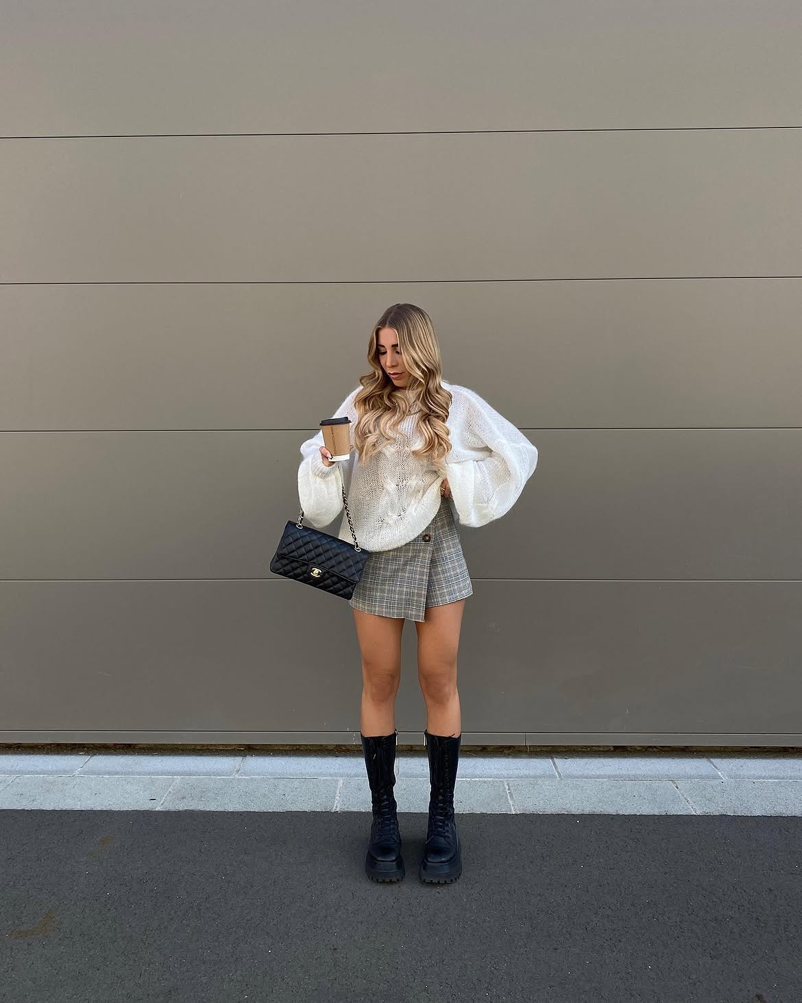 Cozy Knit With Plaid Skirt Chunky Boots Look