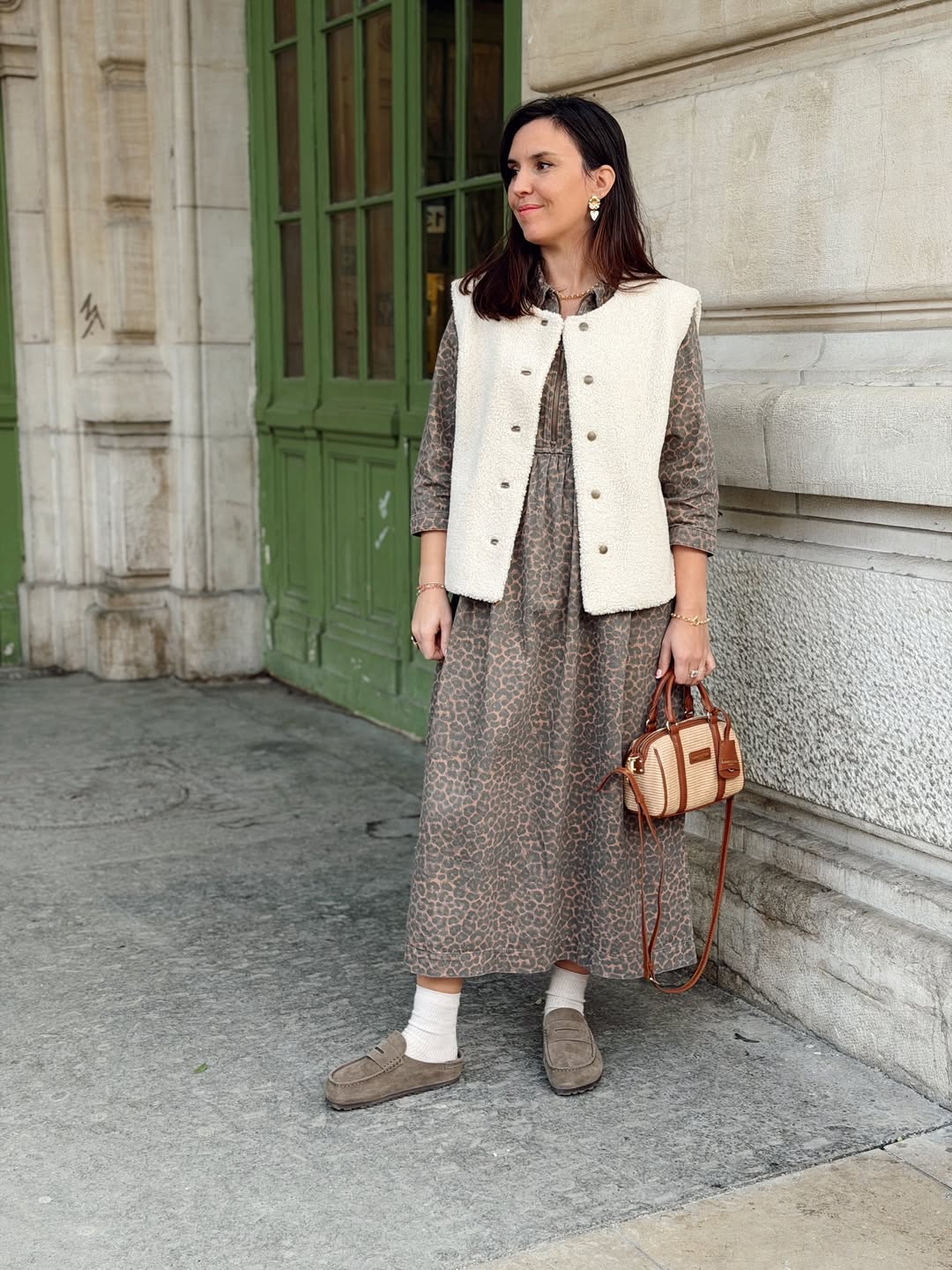 Cozy Leopard Midi Dress With Sherpa Vest