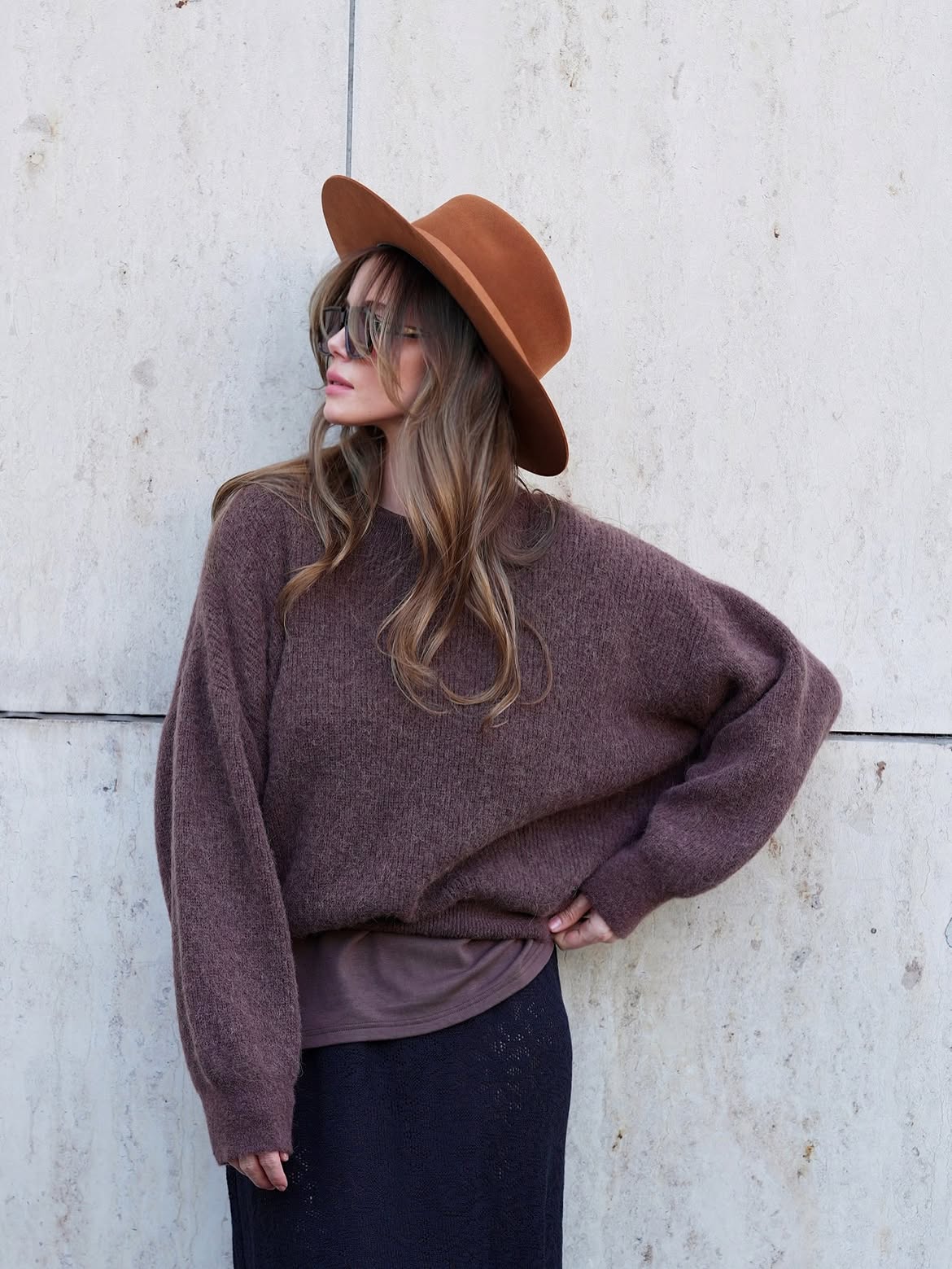 Cozy Mocha Knit With Textured Midi Skirt