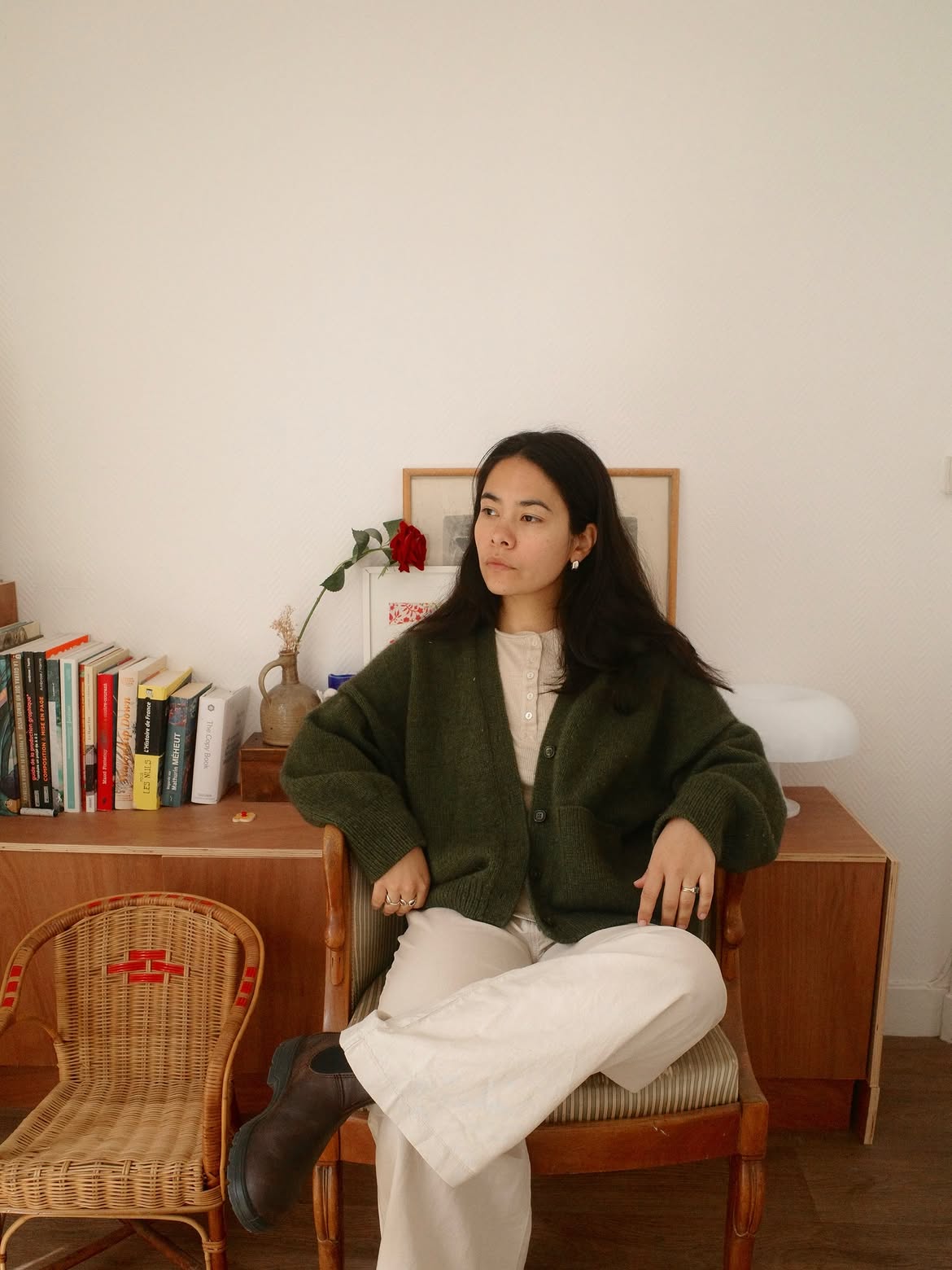 Cozy Olive Cardigan and Cream Wide-Leg Pants