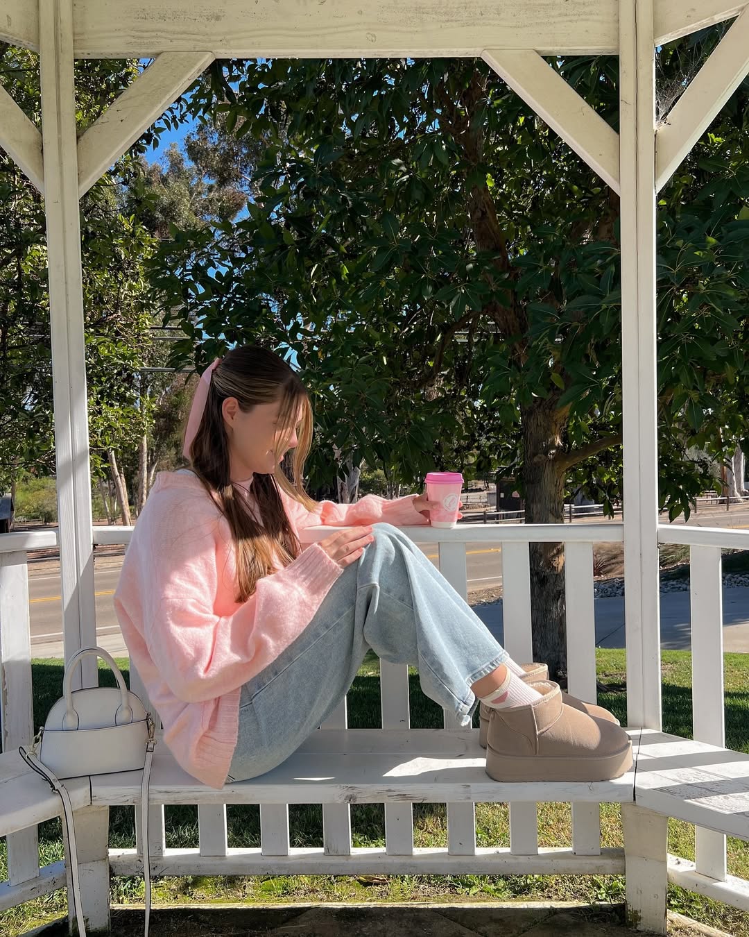 Cozy Pink Sweater With Light Wash Wide Leg Denim