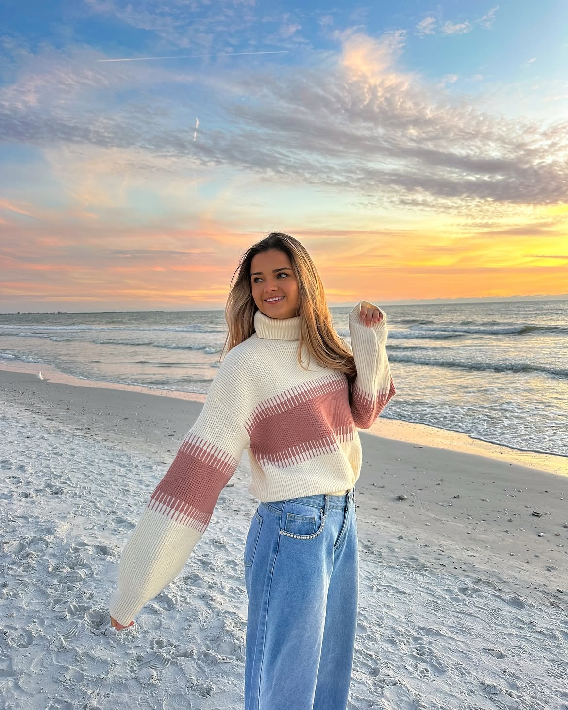 Cozy Striped Turtleneck Sweater With Wide Leg Jeans