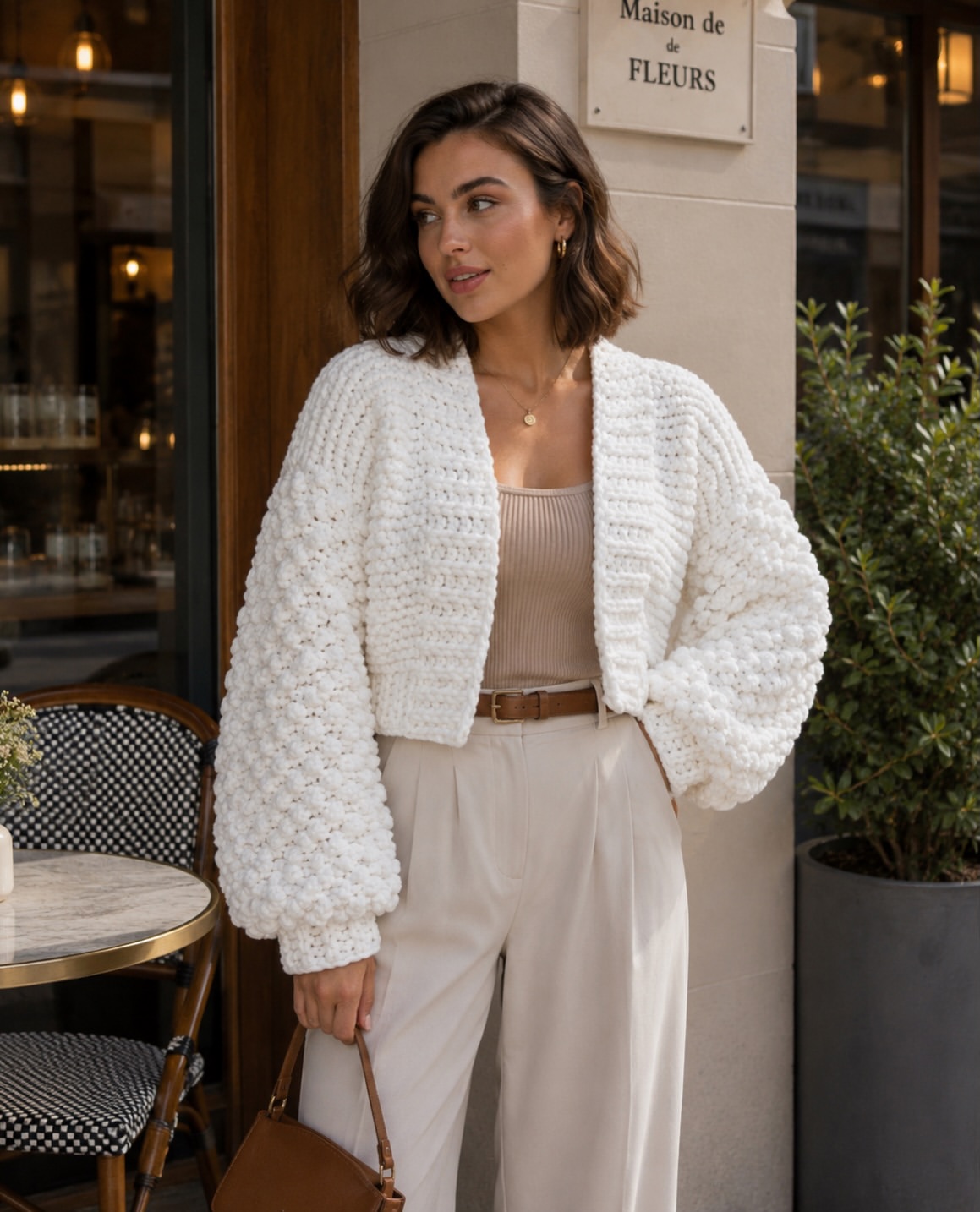 Cozy White Chunky Knit Cropped Cardigan Outfit