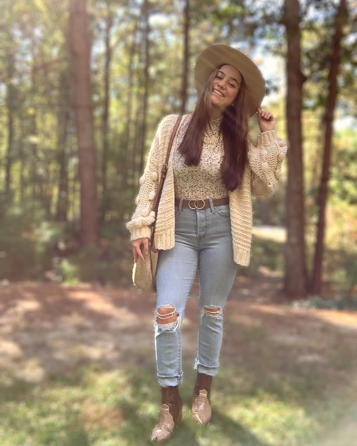 Cream Bobble Cardigan With Distressed Denim And Cowboy Boots