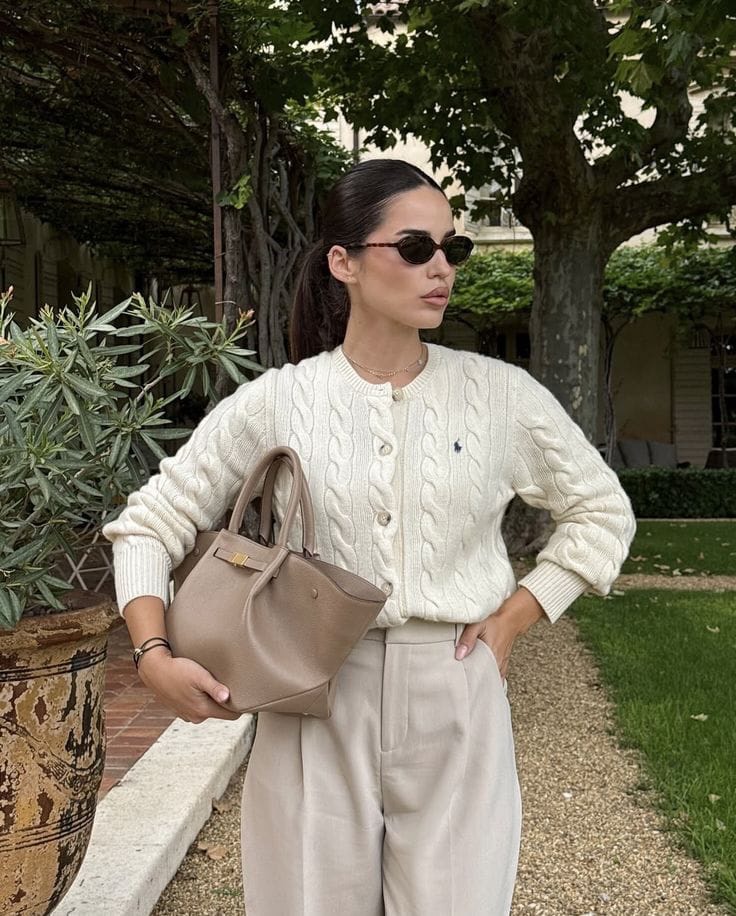 Cream Cable Knit Cardigan With Beige Wide Leg Trousers