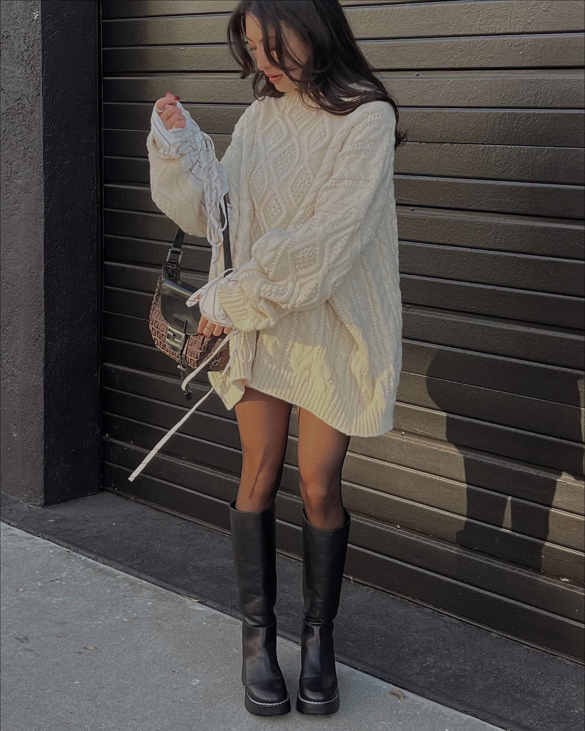 Cream Cable Knit Sweater Dress With Knee High Boots