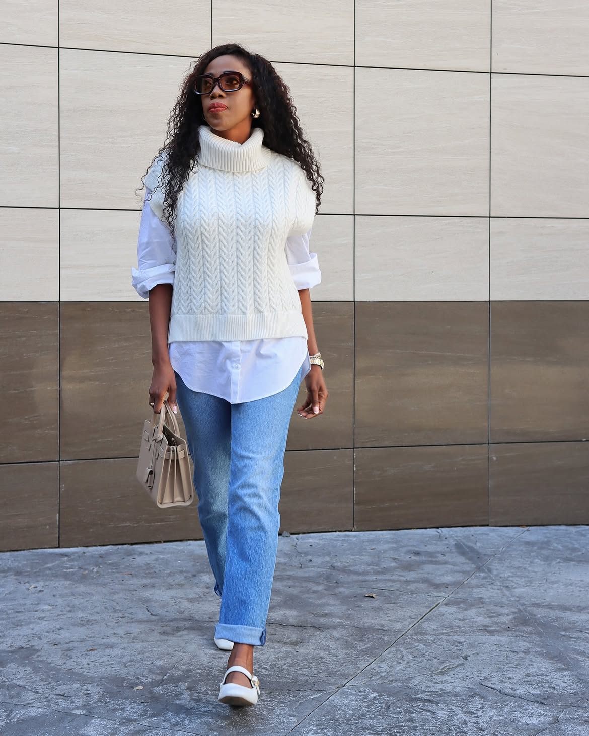 Cream Cable Knit Vest Over White Button-Down