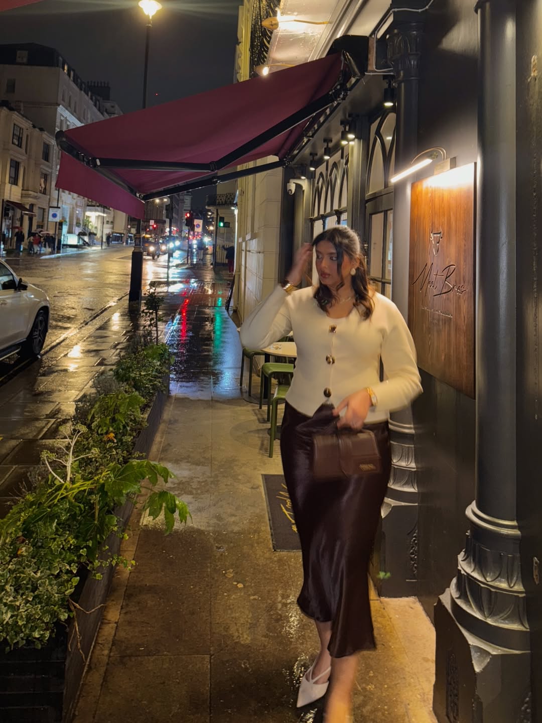 Cream Cardigan With Chocolate Satin Midi Skirt