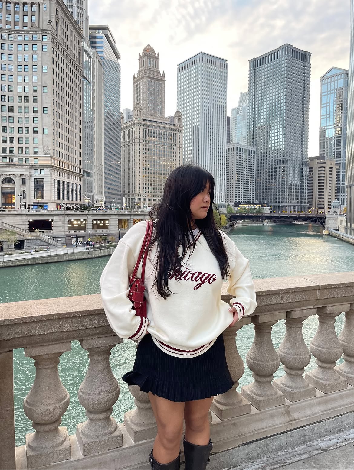 Cream Chicago Sweater With Black Pleated Mini Skirt