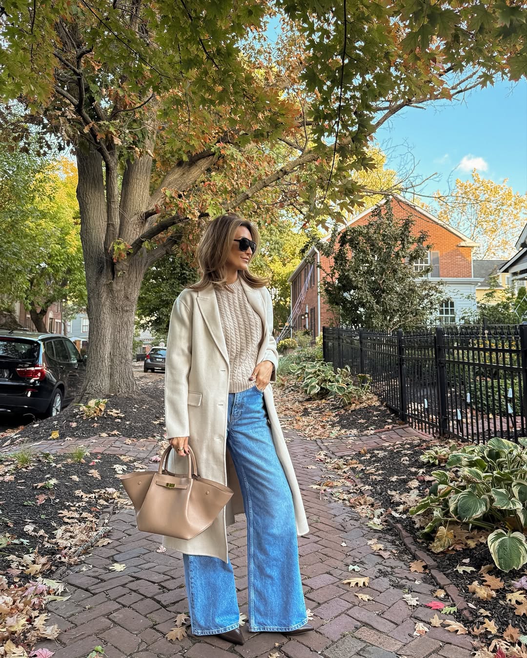 Cream Coat And Wide Leg Jeans Autumn Look