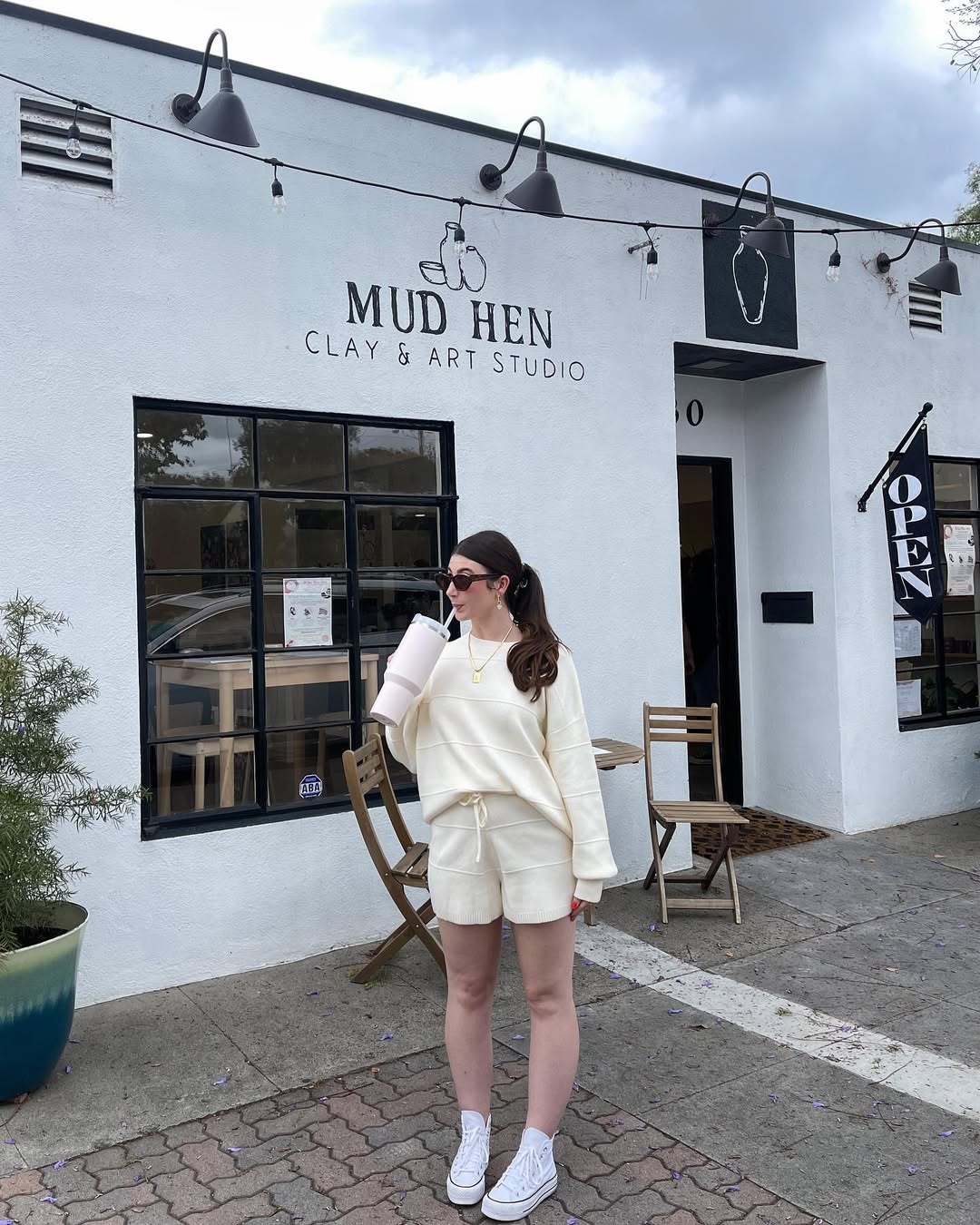 Cream Knit Lounge Set With Platform Sneakers