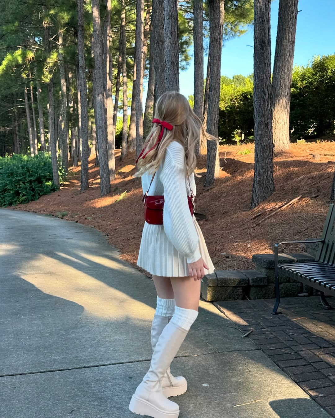 Cream Knit Sweater With Pleated Mini Skirt and Chunky Boots