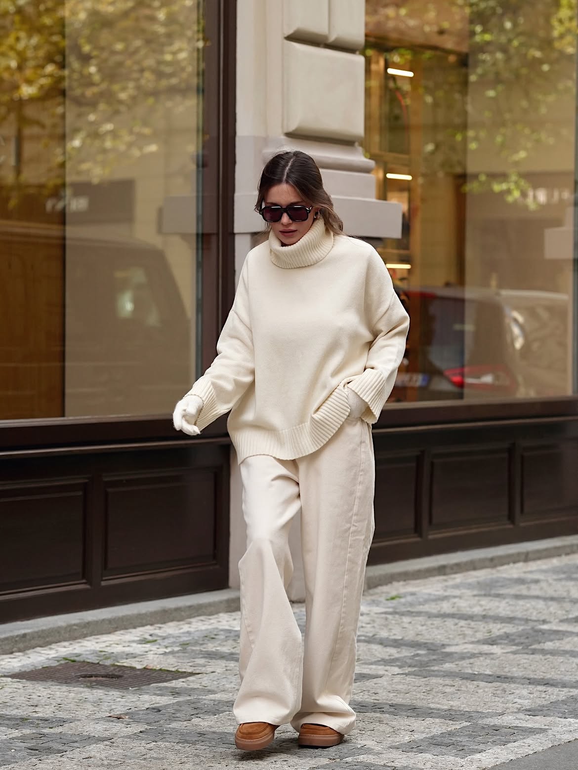 Cream Knit Turtleneck And Wide Leg Trouser Combination