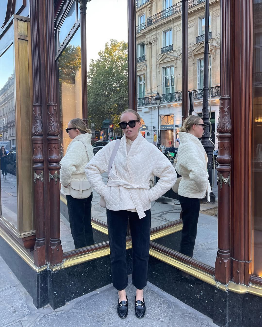 Cream Quilted Jacket With Black Trousers Effortless Chic