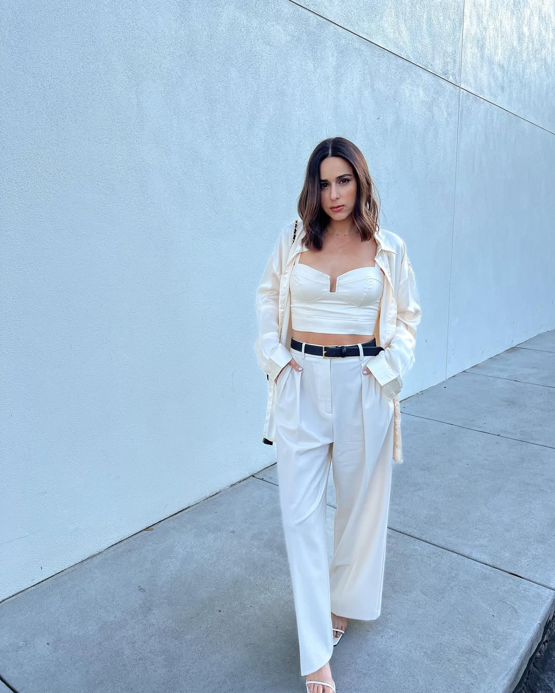 Cream Wide Leg Trousers With Corset Top