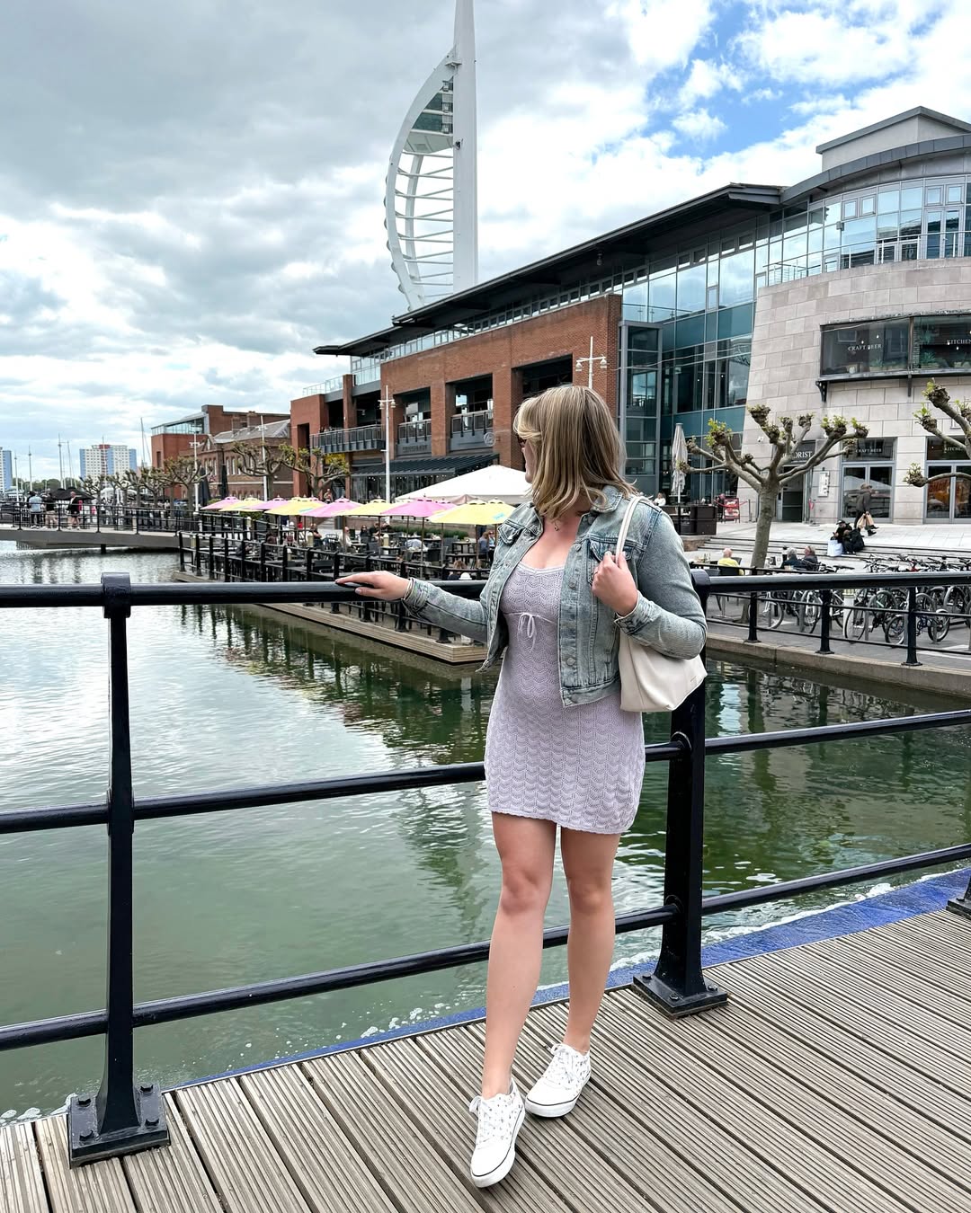 Cropped Denim Jacket Over Knit Mini Dress