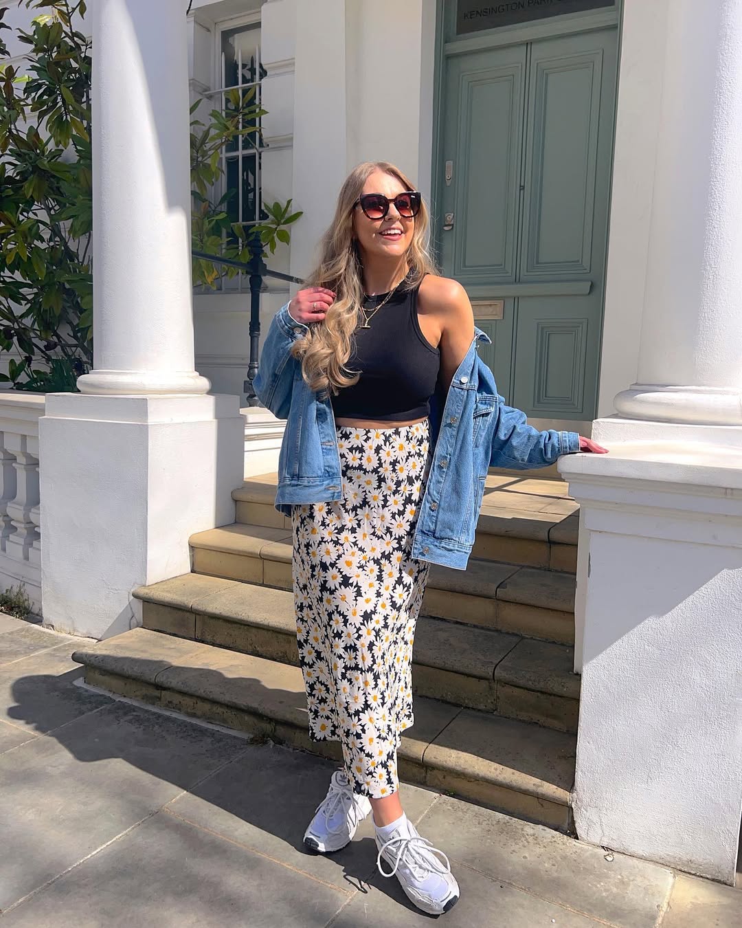 Daisy Print Midi Skirt With Denim Jacket