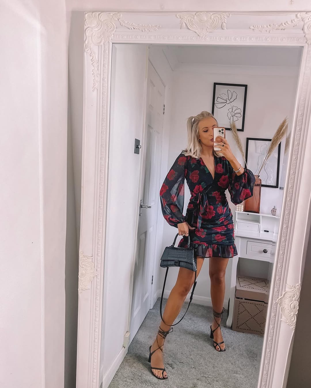 Dark Floral Wrap Mini Dress With Strappy Heels