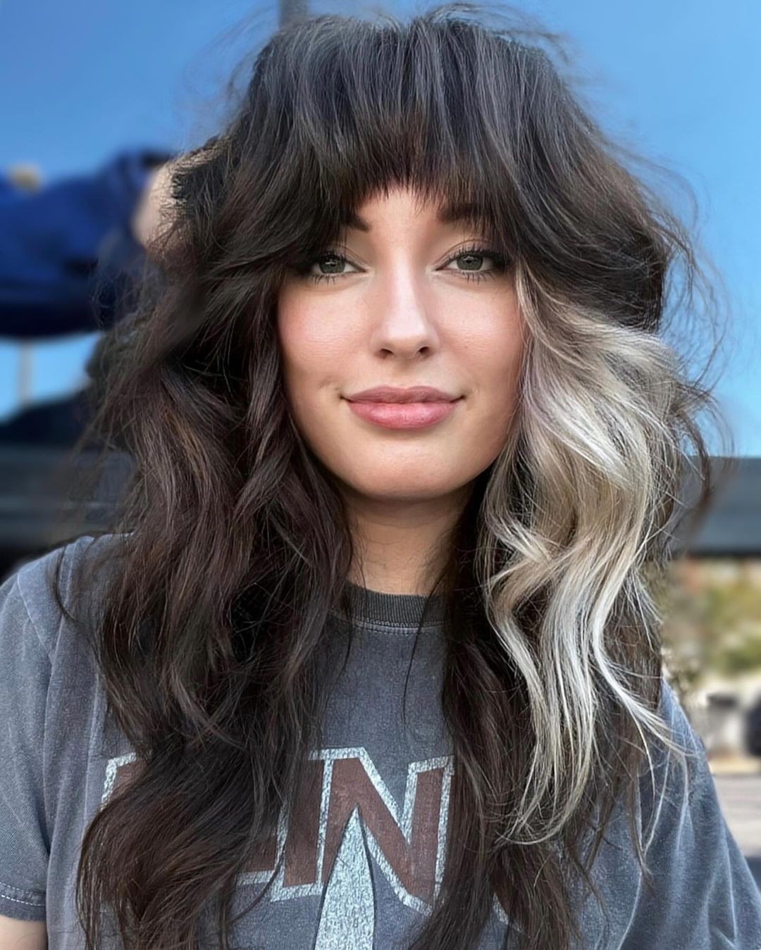 Dark Shag With Platinum Money Piece And Bangs