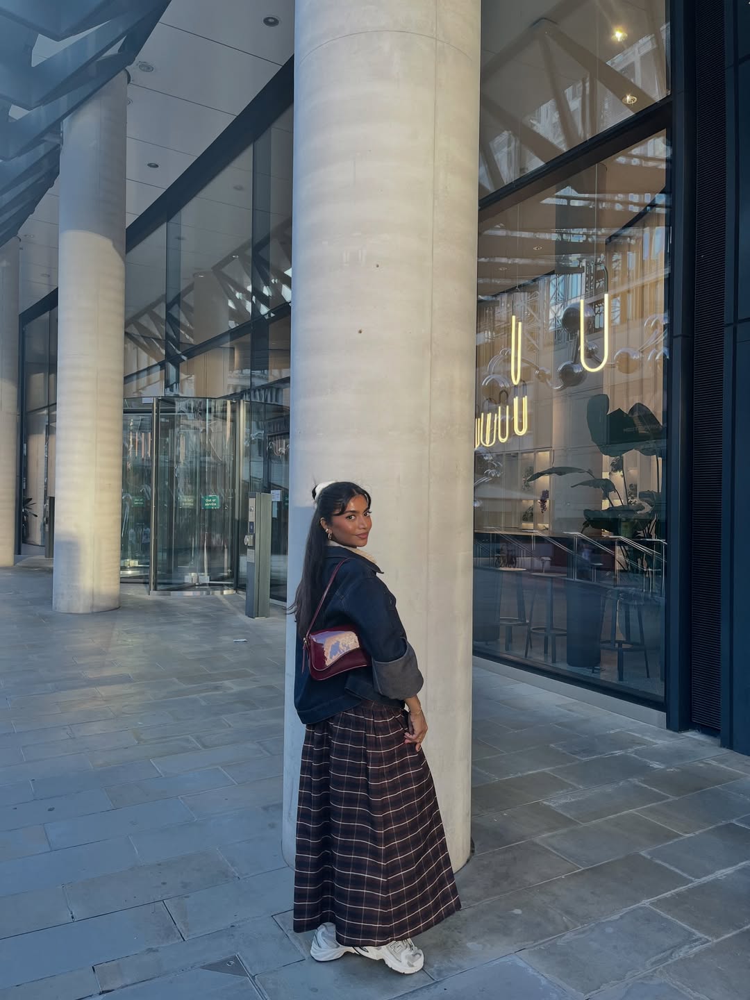 Dark Wash Denim Jacket With Plaid Maxi Skirt